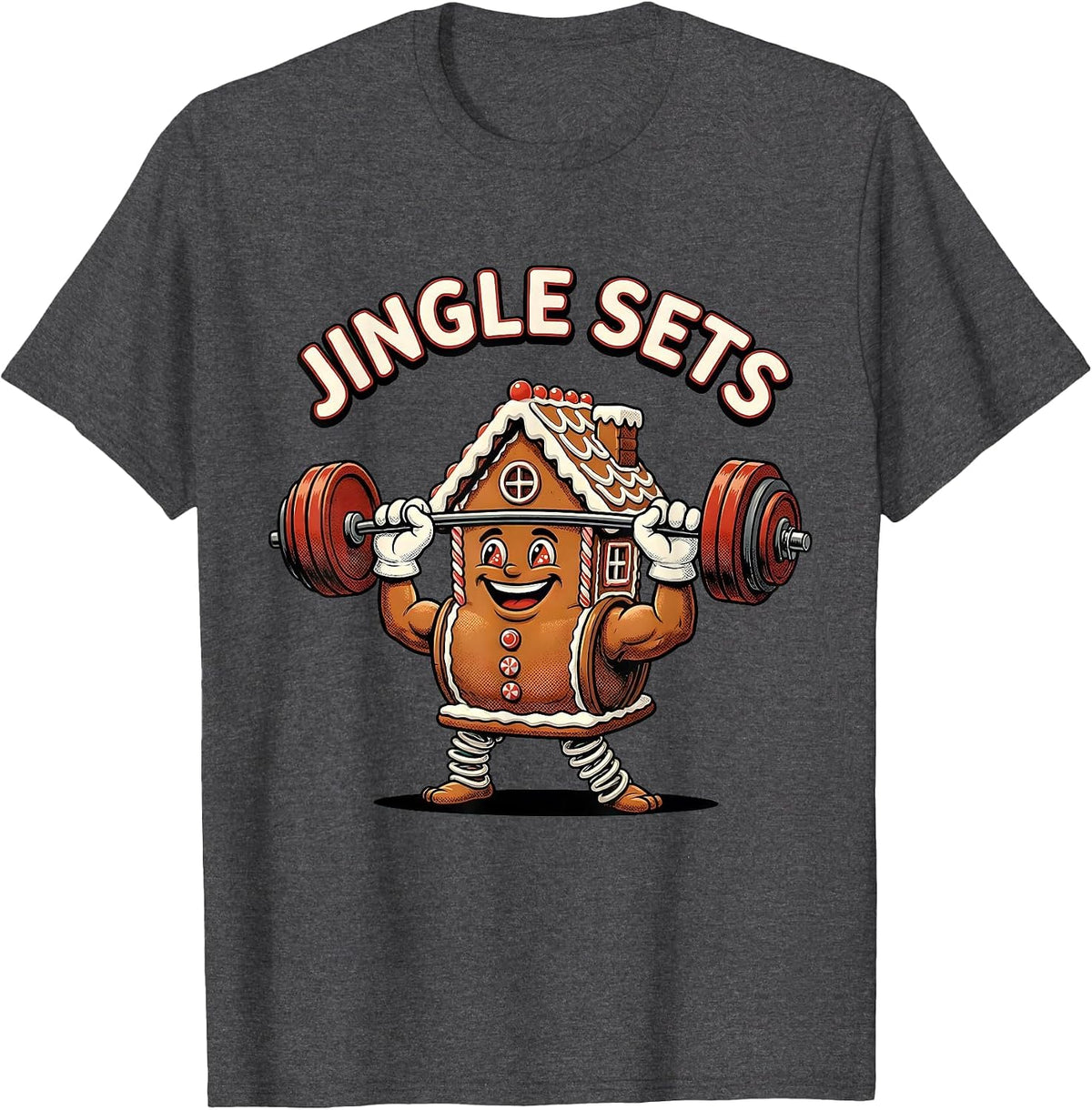 Jingle Sets Retro Cartoon Funny Christmas Gym Weightlifting T-Shirt - Dark Heather Grey