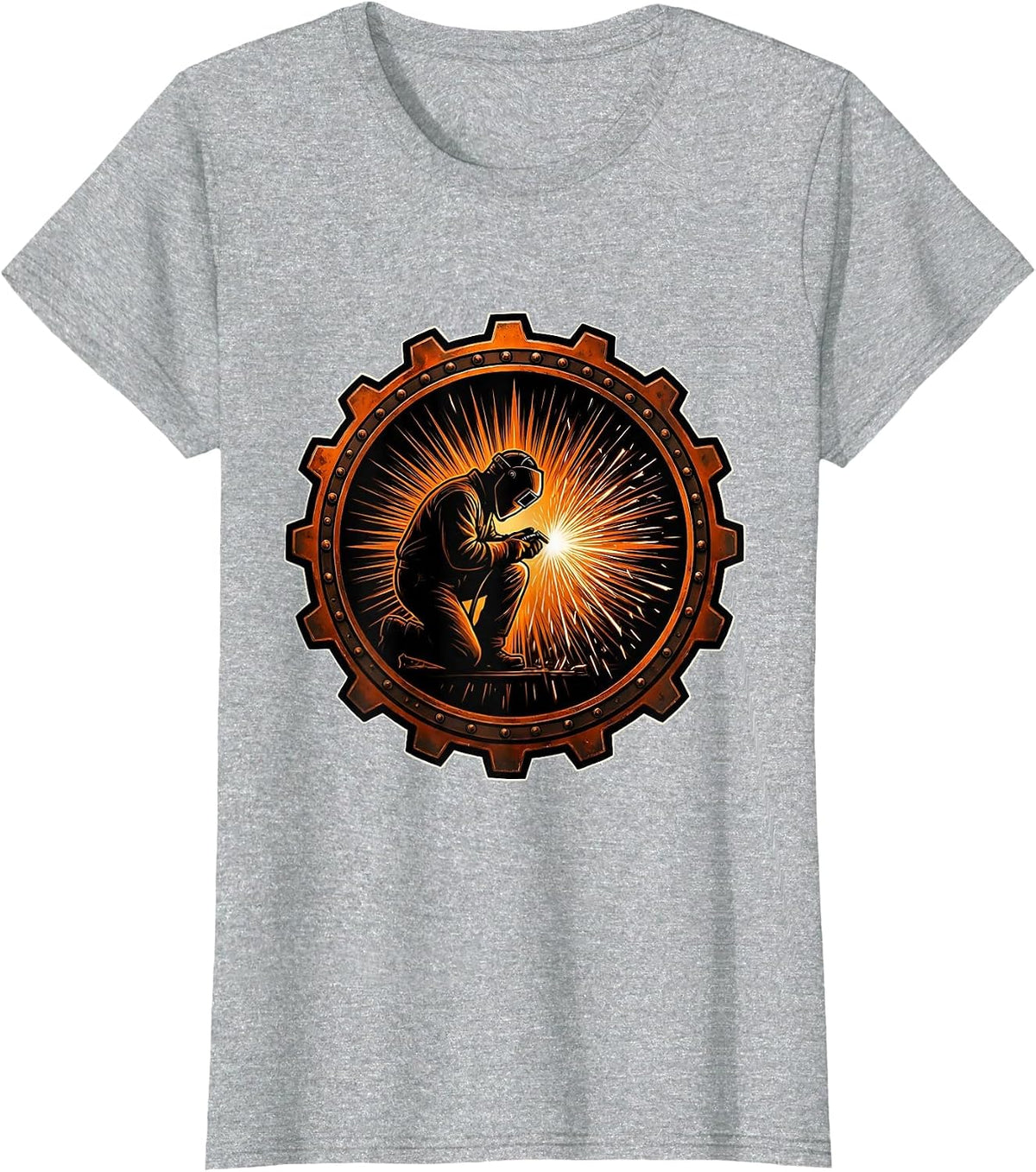 Welder Silhouette Giant Orange Spark Burst T-Shirt - Heather Grey