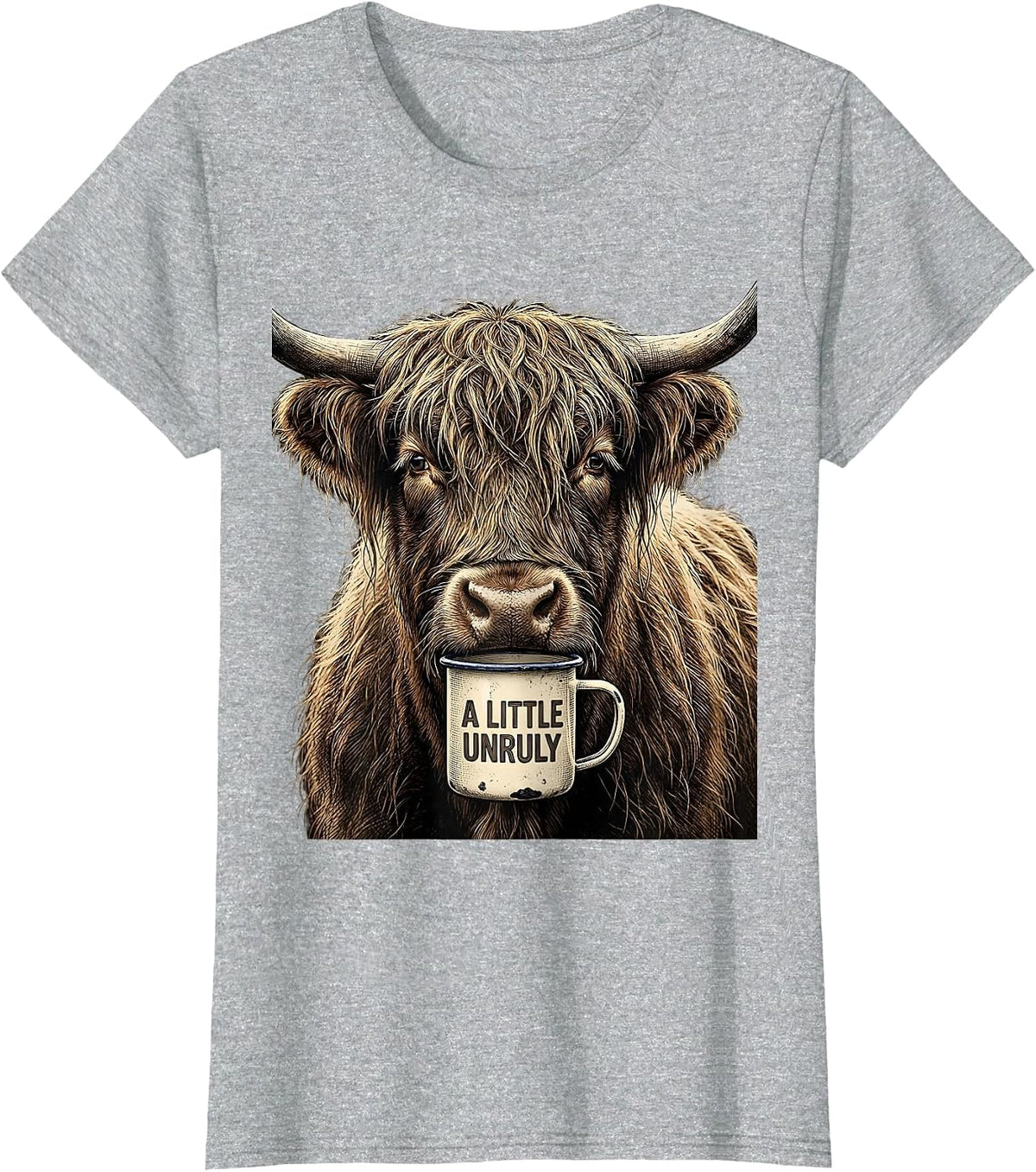 Women's A Little Unruly Funny Highland Cow Coffee Lover Novelty T-Shirt - Heather Grey