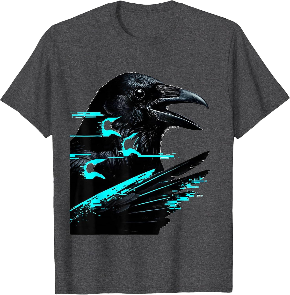 Men's Crow Glitch Datamosh Dark Humor Gothic T-Shirt - Dark Heather Grey