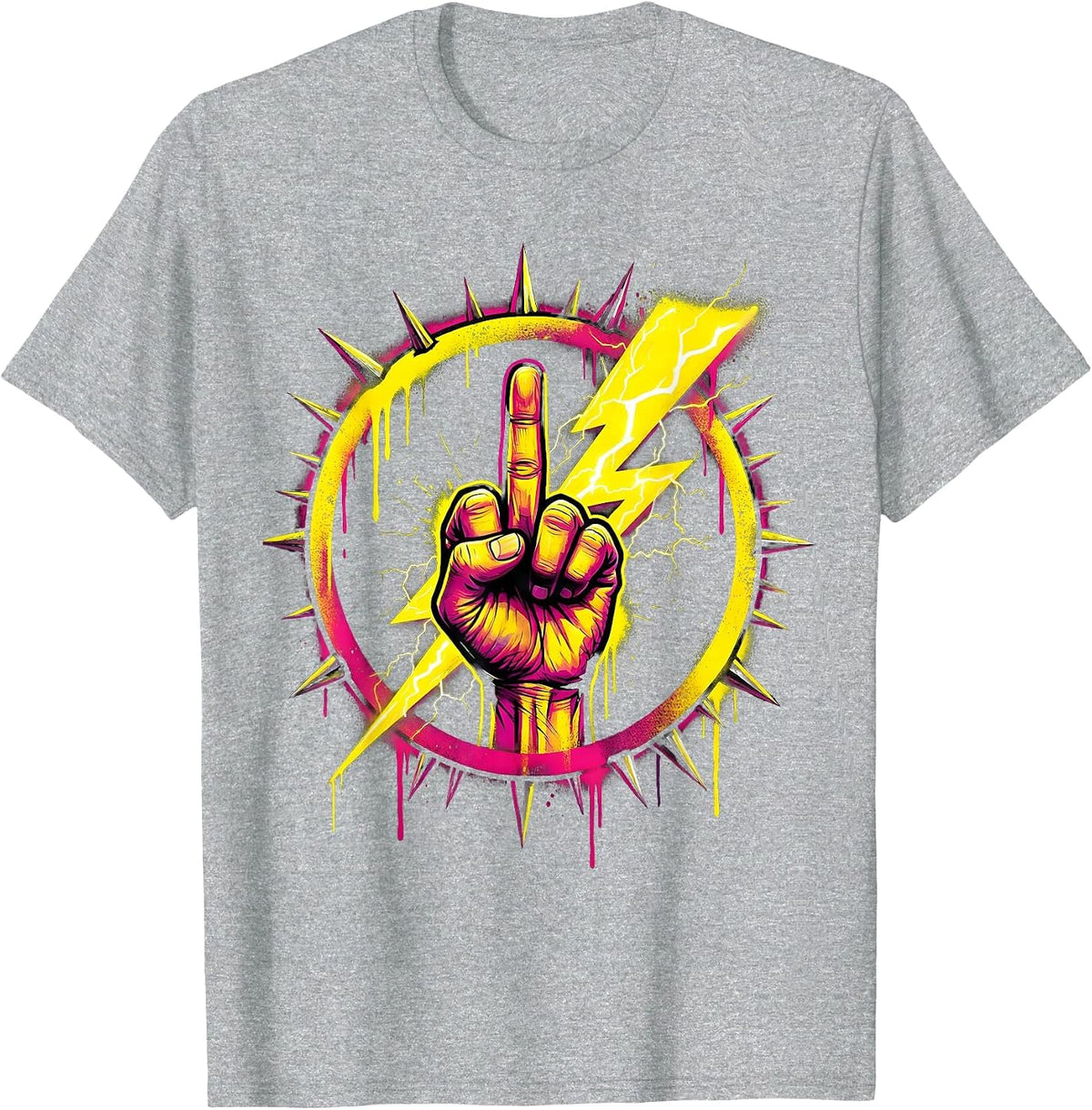 Men's Middle Finger Lightning Bolt Graphic Design T-Shirt - Heather Grey