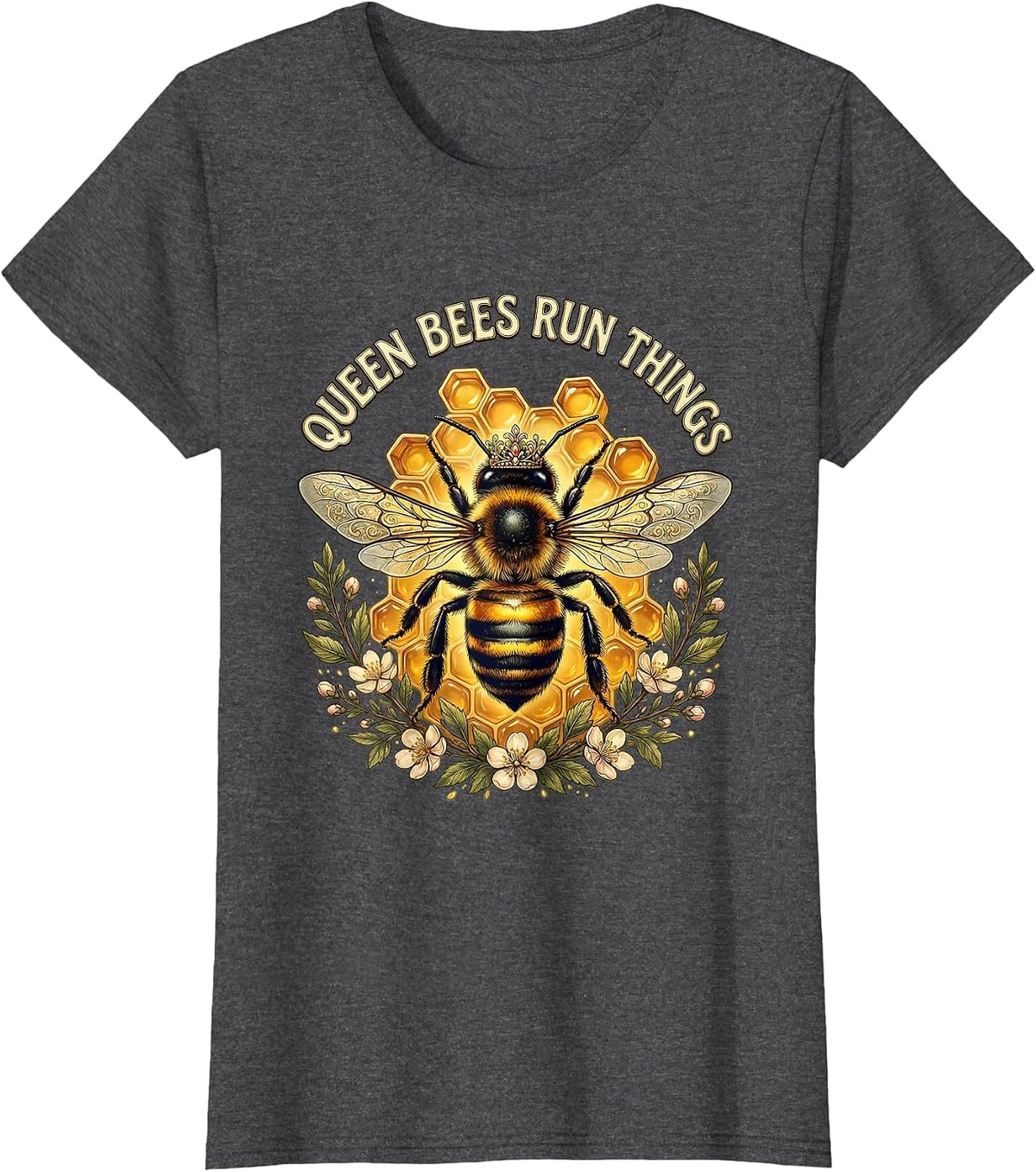 Women's Queen Bees Run Things Bold Bee Design T-Shirt - Dark Heather Grey