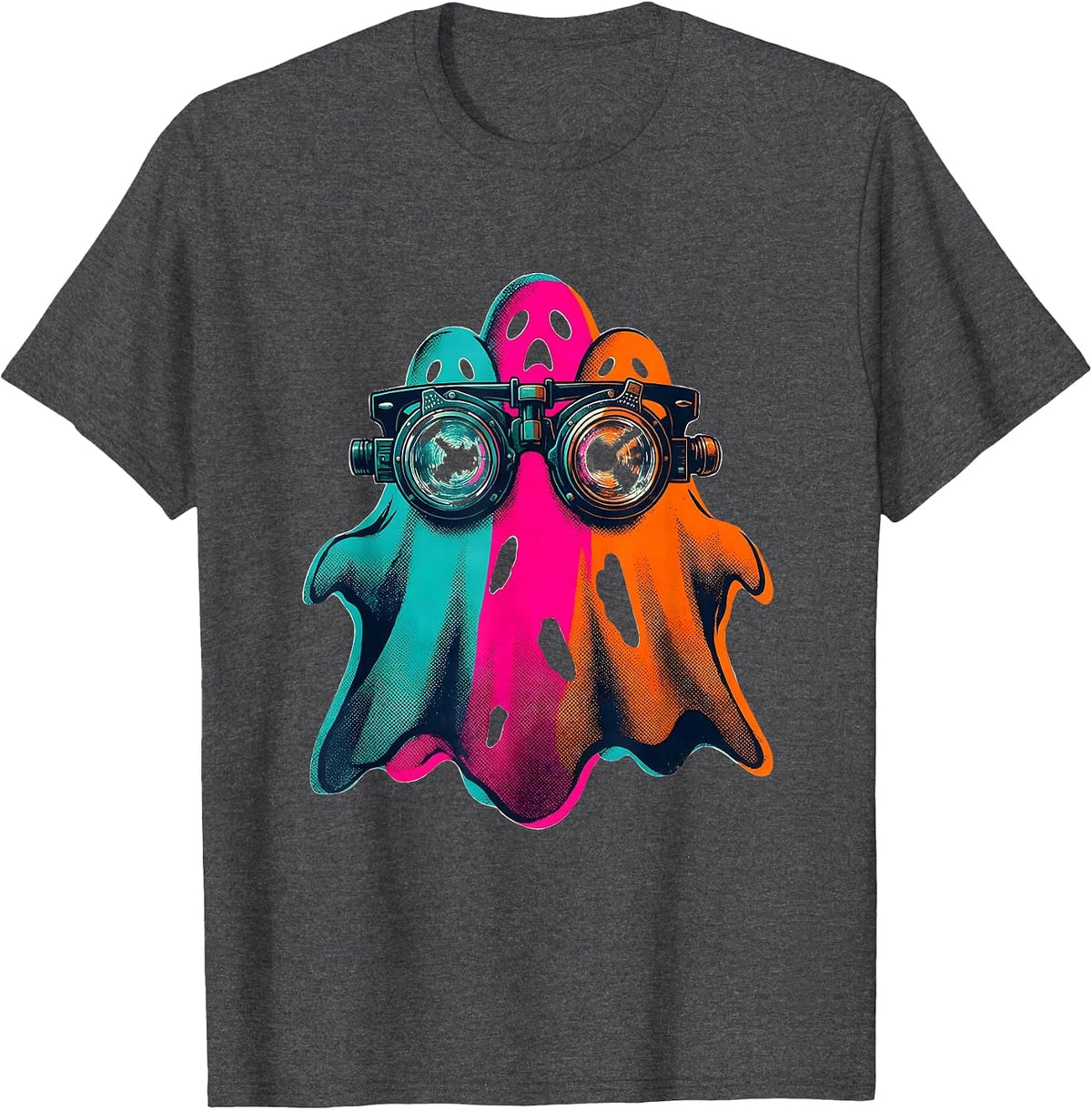Men's Friendly Ghost Optometrist Risograph Halloween Boo Crew T-Shirt - Dark Heather Grey