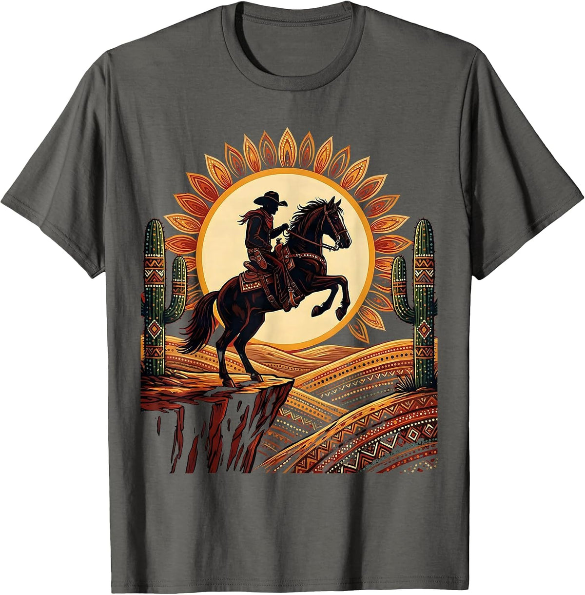 Cowboy Horse Rearing on Cliff Edge Graphic T-Shirt - Asphalt Grey