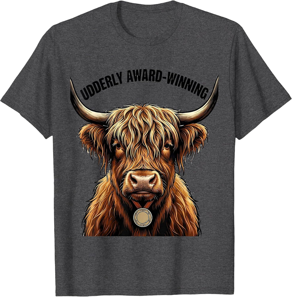 Men's Udderly Award-Winning Funny Highland Cow Animal Lover Humor T-Shirt - Dark Heather Grey