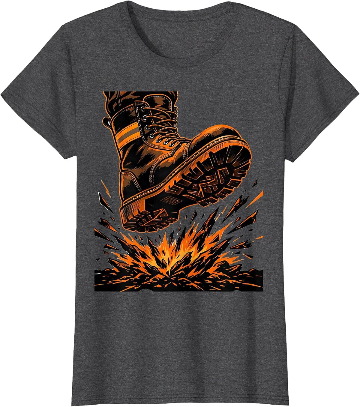 Women's Firefighter Boot Stomping Embers Graphic Tee T-Shirt - Dark Heather Grey