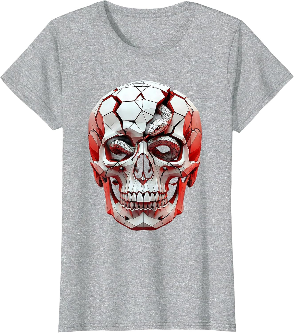 Cracked Skull Snake Coil Dark Gothic Art Design T-Shirt - Heather Grey