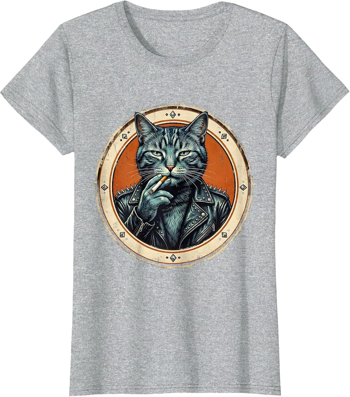 Cool Cat in Leather Jacket Smoking Illustration T-Shirt - Heather Grey