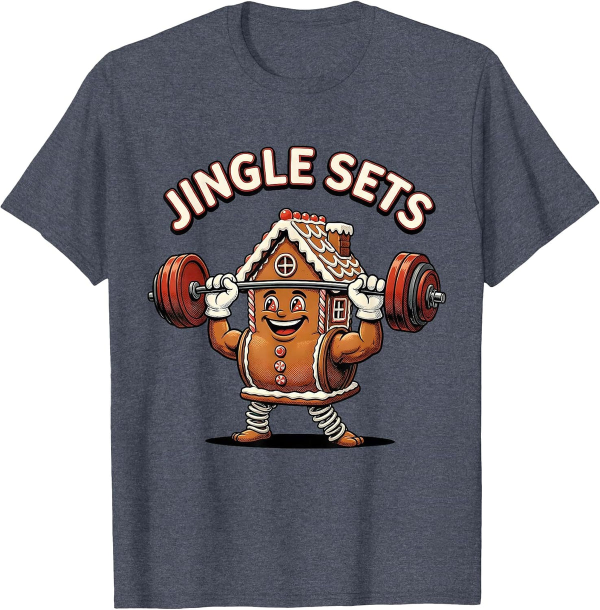 Jingle Sets Retro Cartoon Funny Christmas Gym Weightlifting T-Shirt - Heather Blue