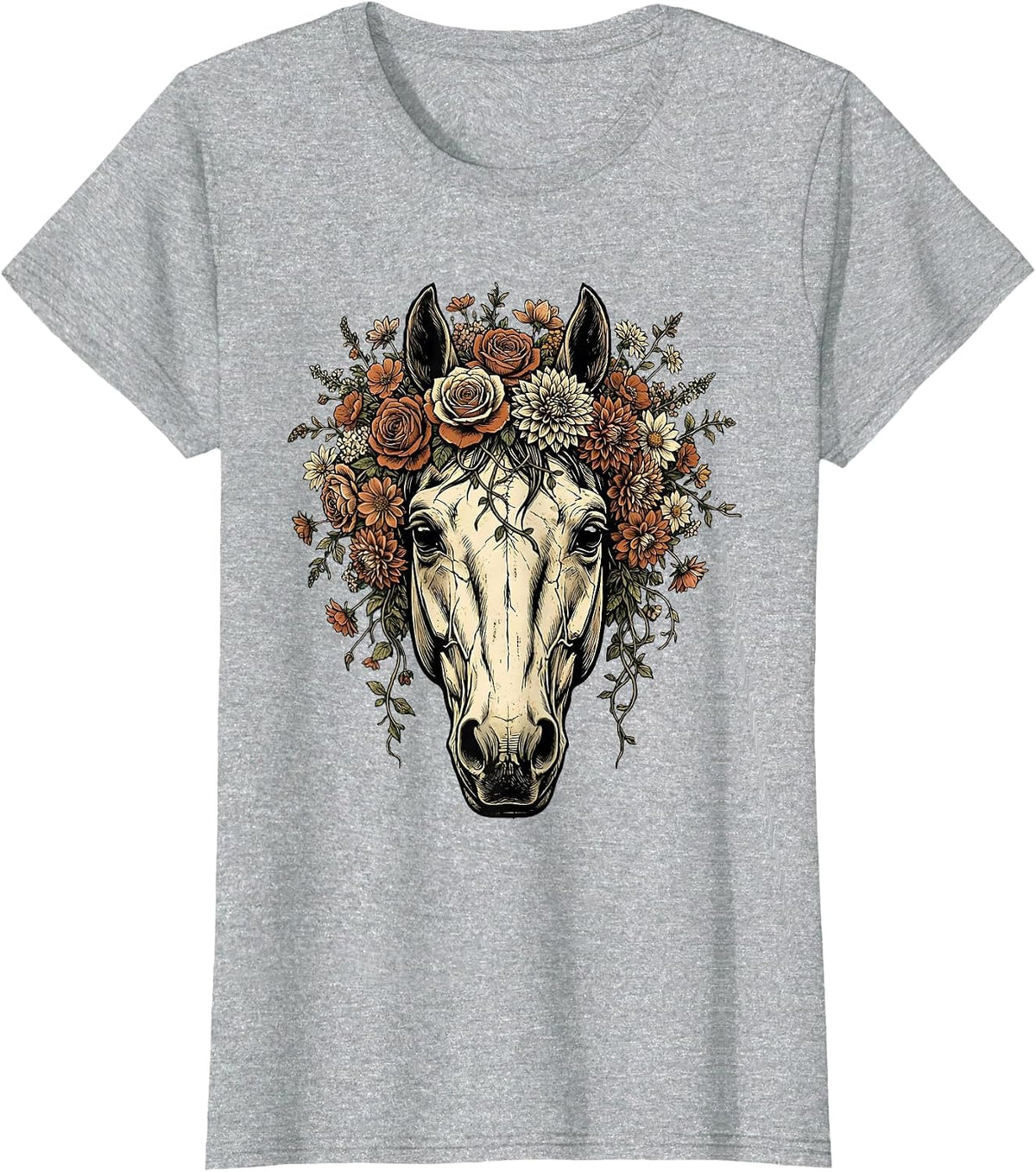 Horse Skull Floral Crown Gothic Nature Art T-Shirt - Heather Grey