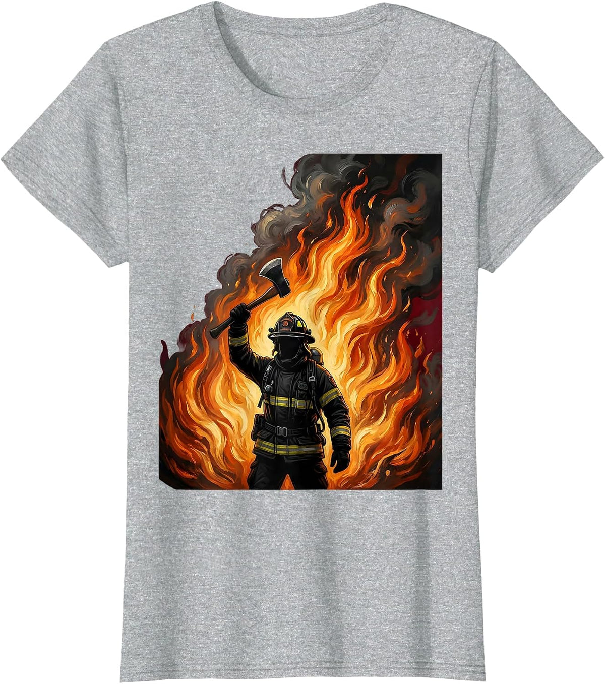 Firefighter Silhouette Against Wall of Flames T-Shirt - Heather Grey