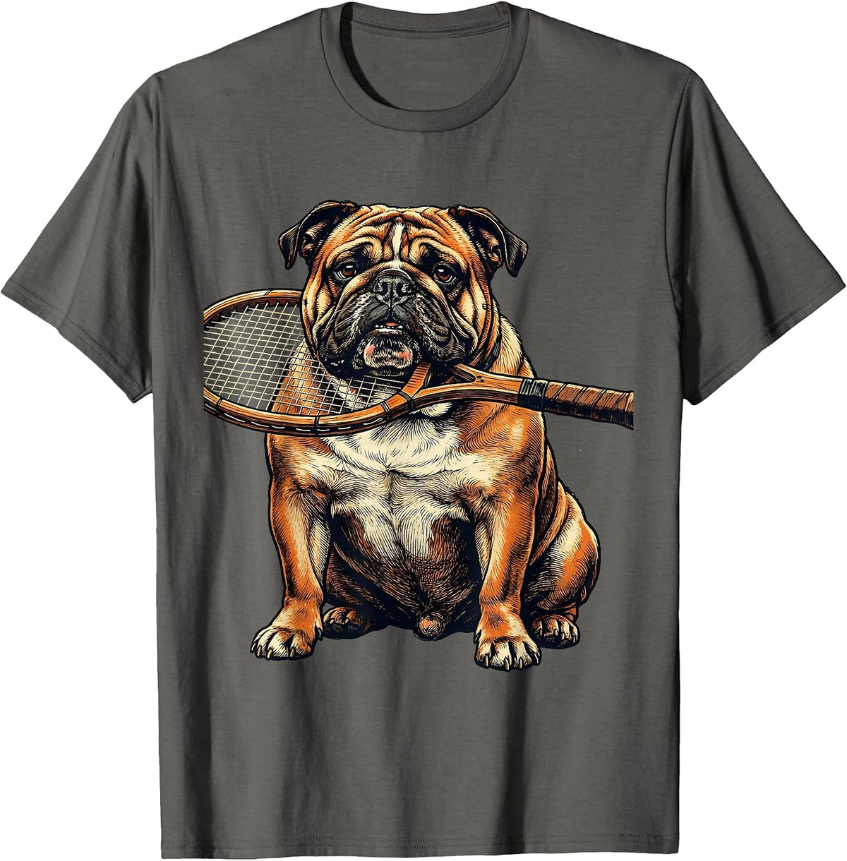 Bulldog Tennis Player with Racket Graphic Tee T-Shirt - Asphalt Grey