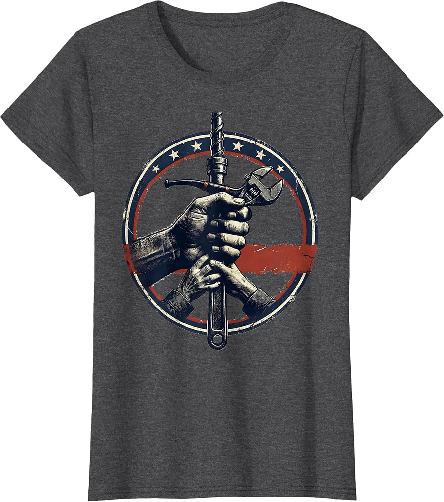 Women's Sealed Mechanic Badge American Flag Oilfield Worker Pride T-Shirt - Dark Heather Grey