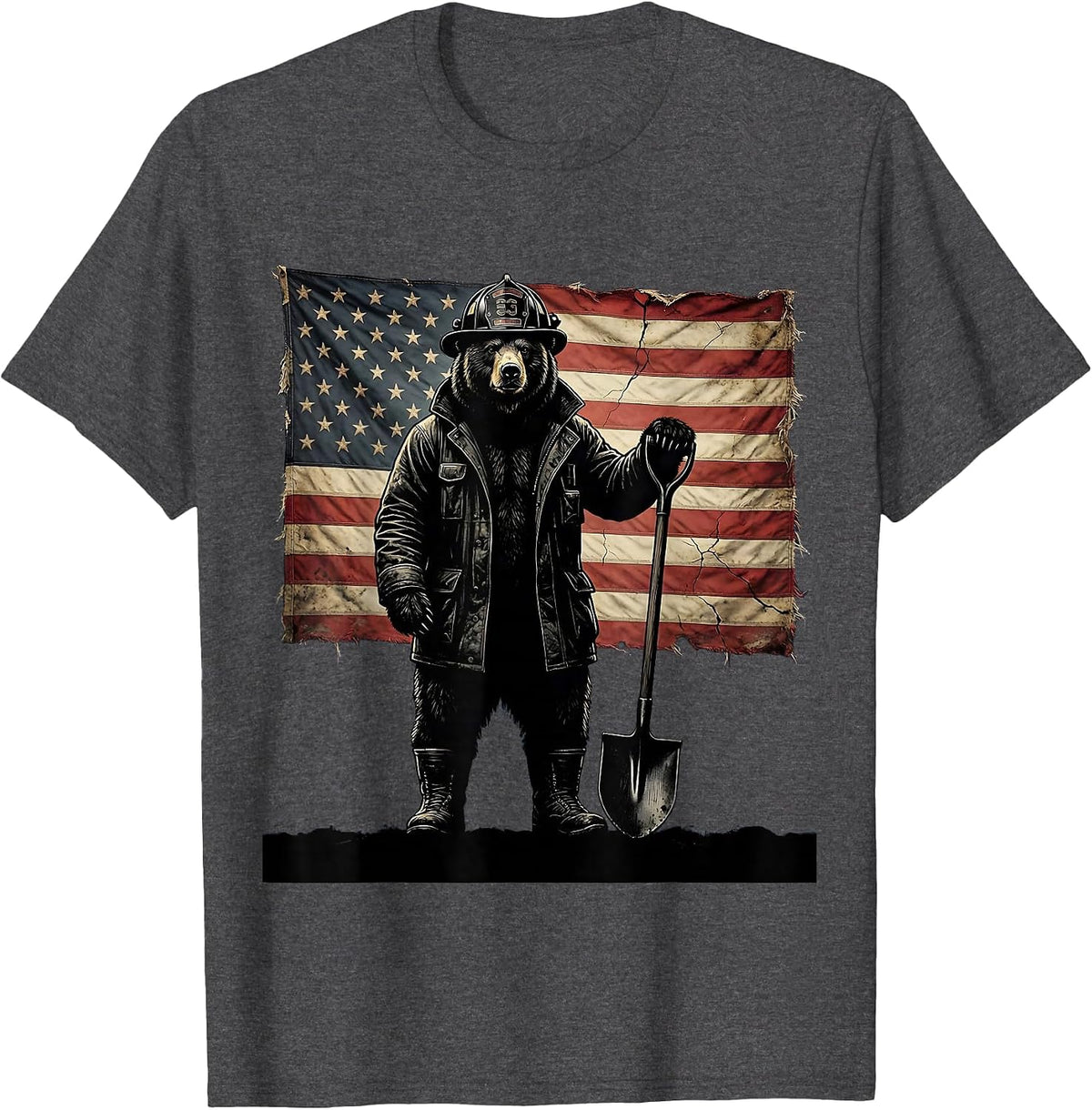 Bear Firefighter Graphic Tee with Shovel Illustration T-Shirt - Dark Heather Grey