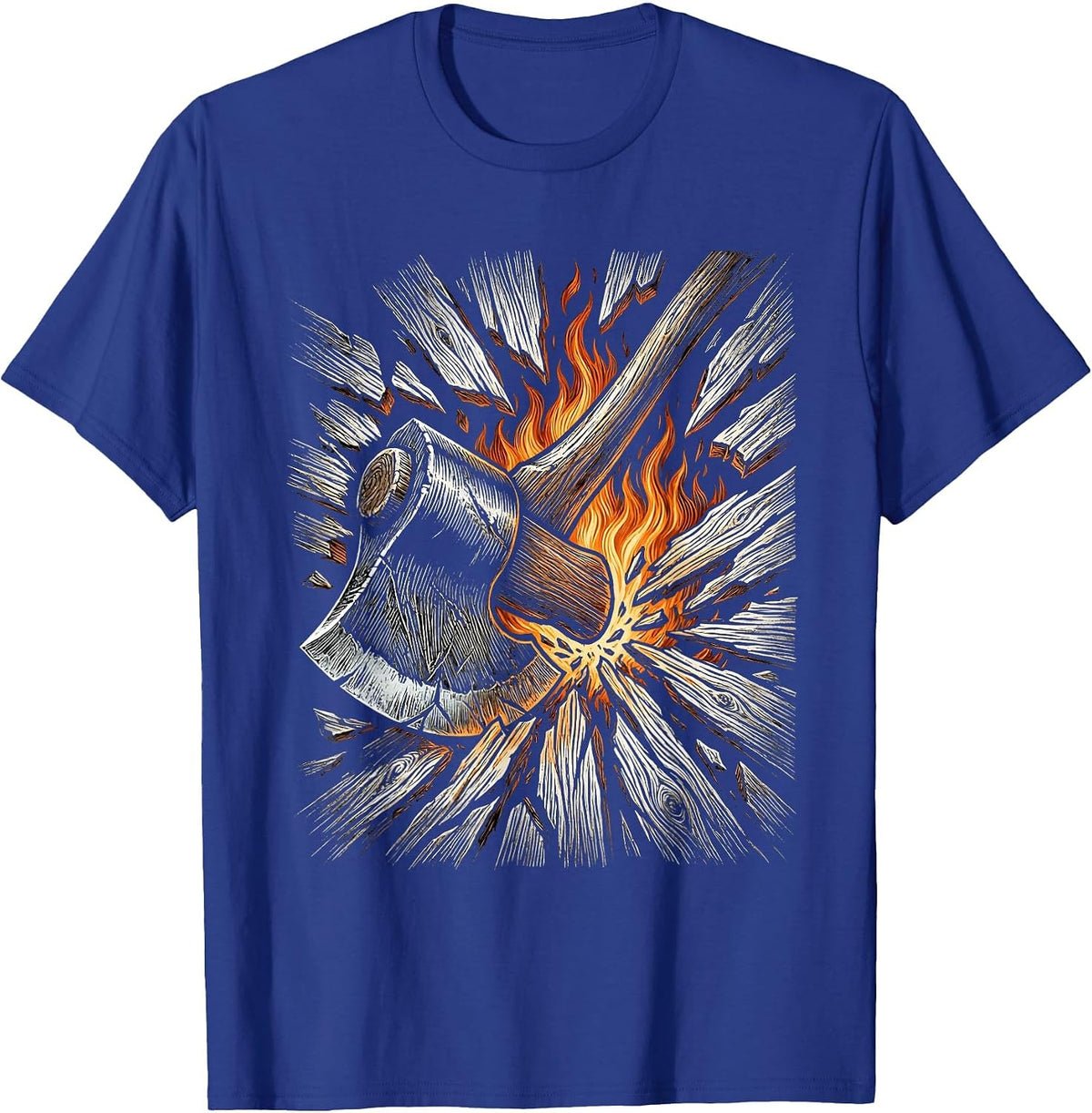 Men's Firefighter Axe Splitting Burning Door Graphic Tee T-Shirt - Royal Blue