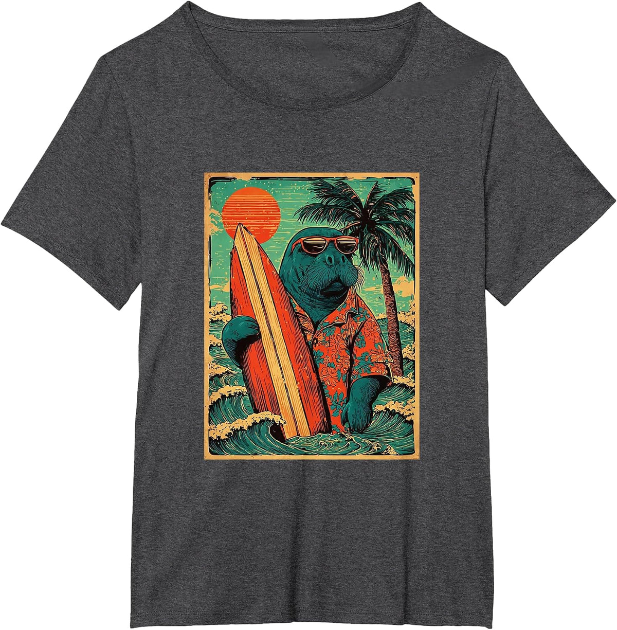 Retro Surfing Manatee Hawaii Vintage Beach Summer Surfer T-Shirt - Dark Heather Grey