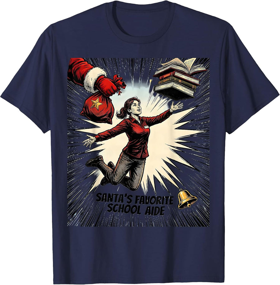 Santa's Favorite School Aide Funny Christmas School Staff T-Shirt - Navy Blue