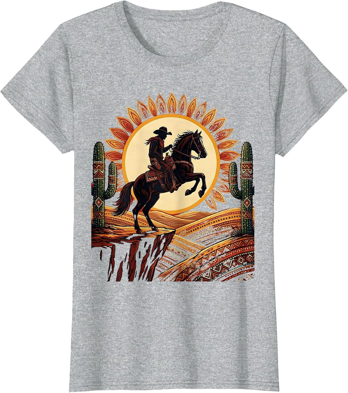 Cowboy Horse Rearing on Cliff Edge Graphic T-Shirt - Heather Grey