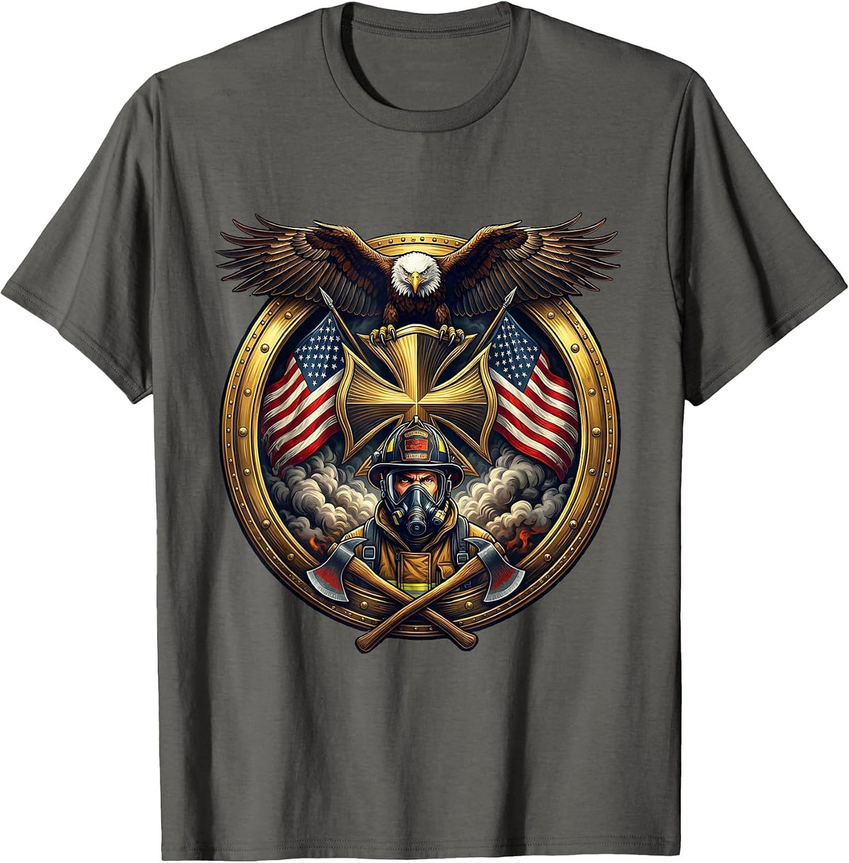Men's Firefighter Emerging From Smoke Oxygen Mask T-Shirt - Asphalt Grey