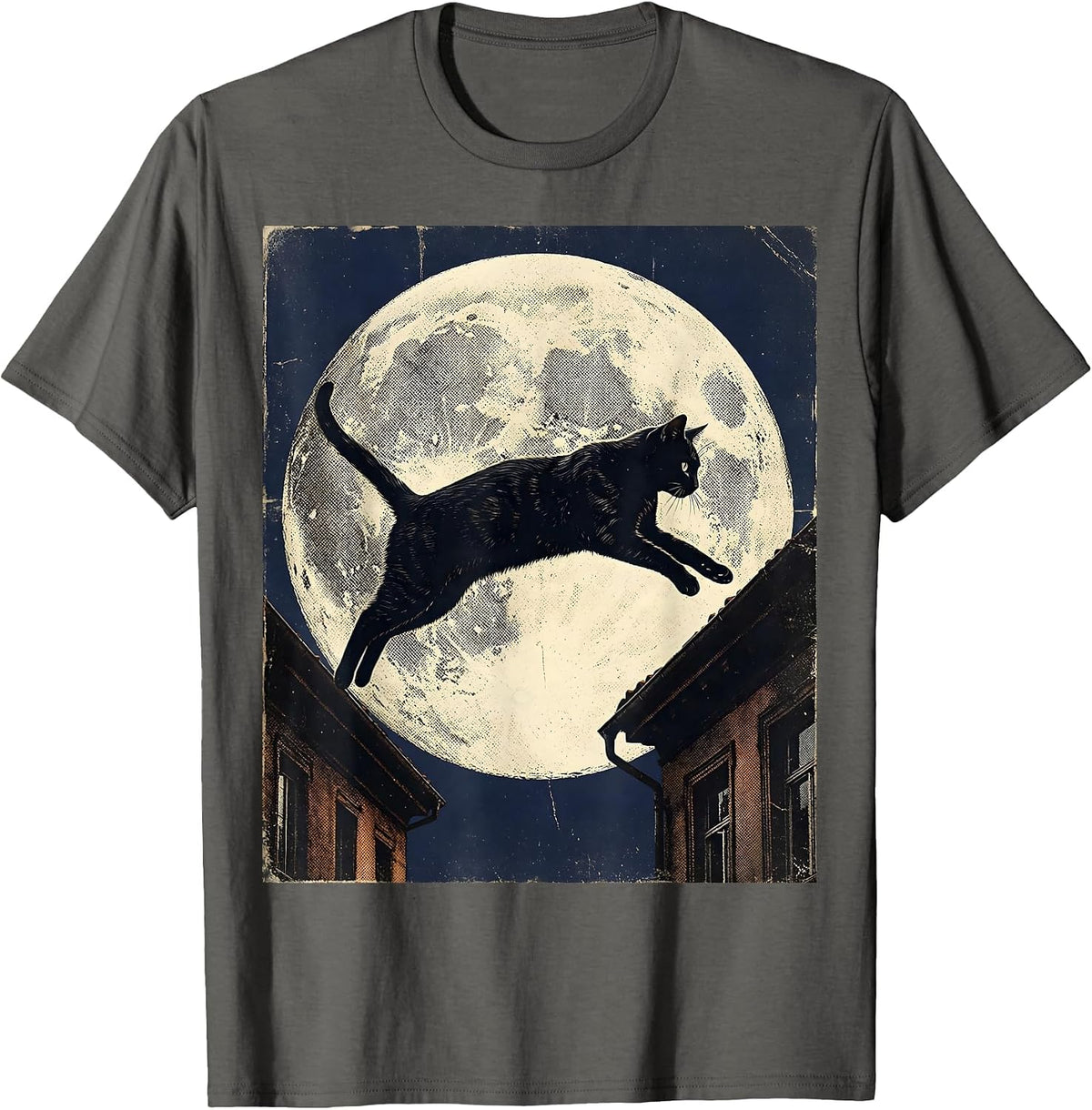 Midnight Rooftop Leap Cat Illustration T-Shirt - Asphalt Grey