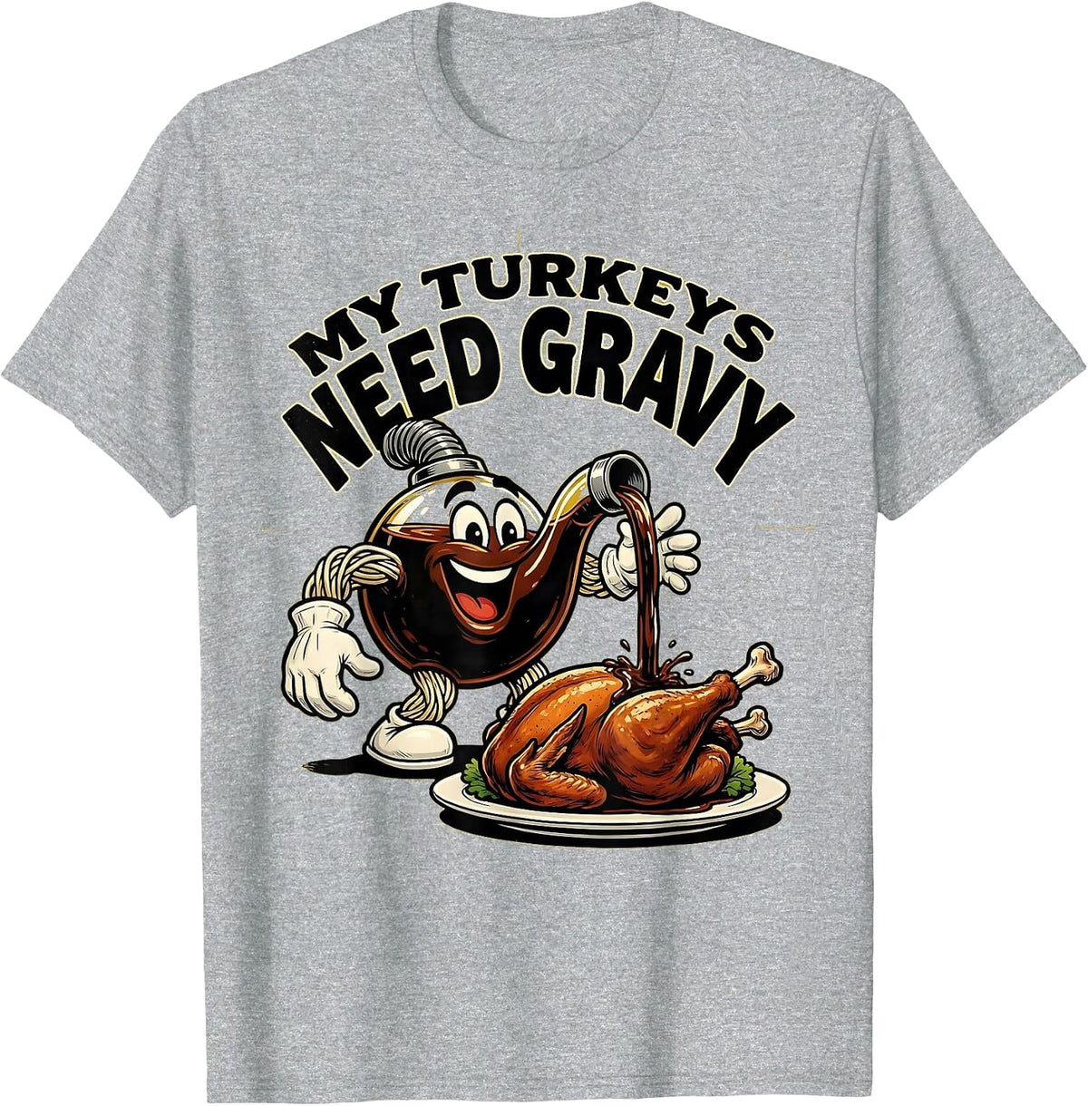 Men's My Turkeys Need Gravy Retro Cartoon Funny Thanksgiving T-Shirt - Heather Grey