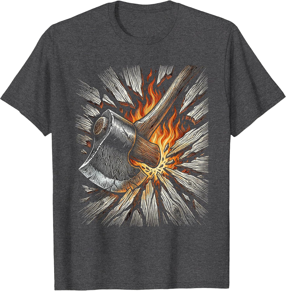 Men's Firefighter Axe Splitting Burning Door Graphic Tee T-Shirt - Dark Heather Grey