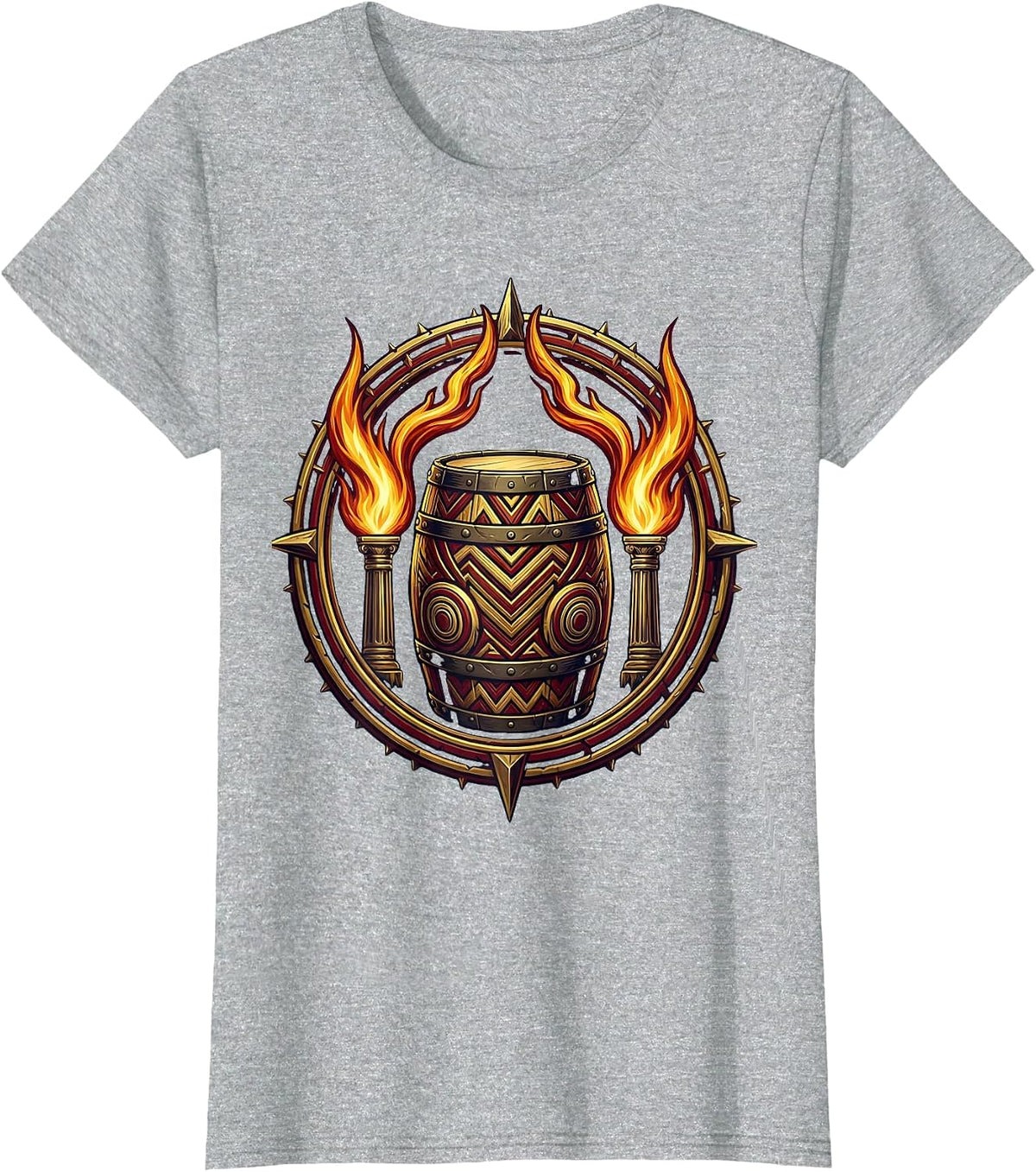 Tribal Drum Rising Flames Graphic Design T-Shirt - Heather Grey