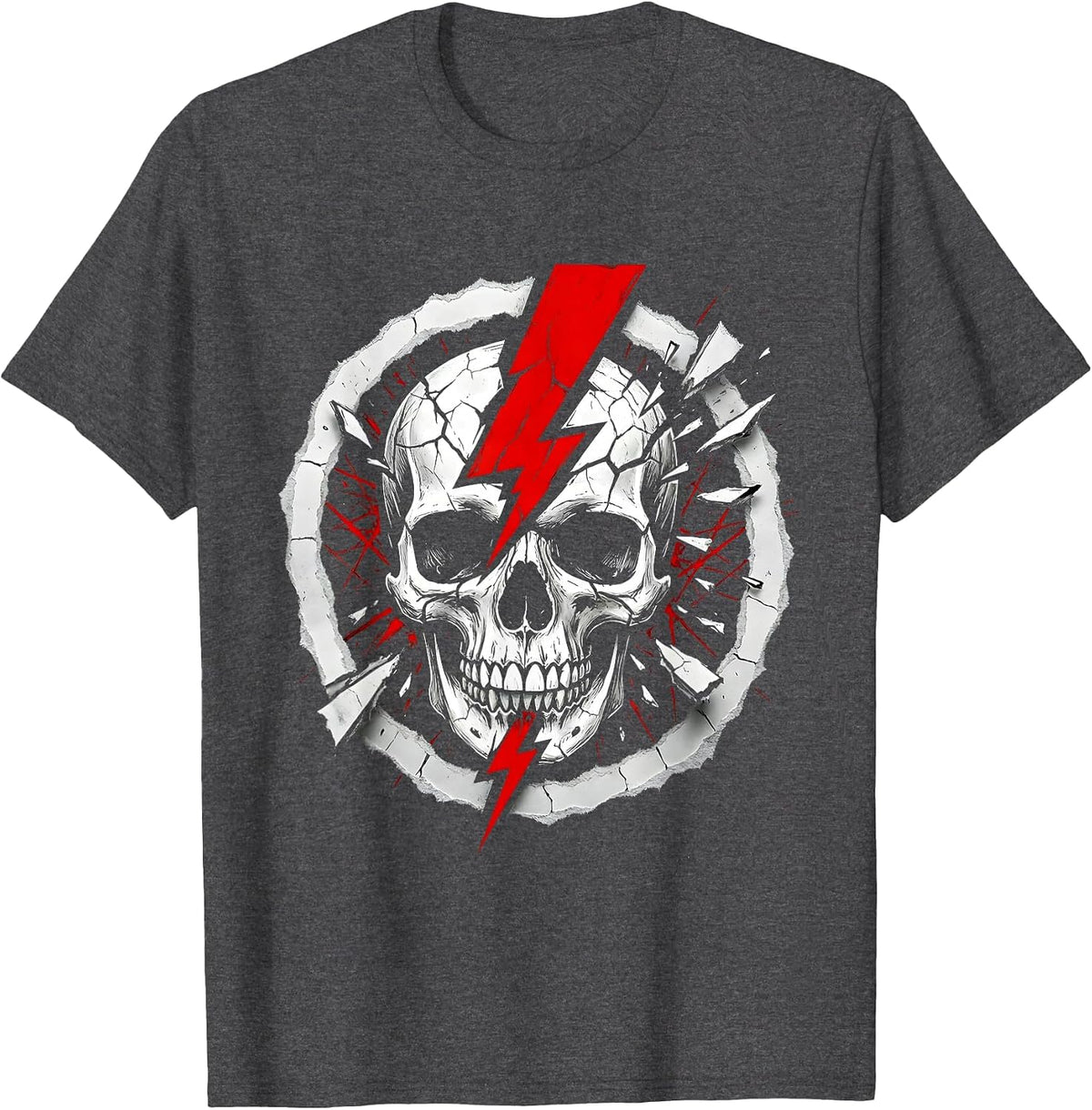 Skull Lightning Bolt Metal Band Graphic Tee T-Shirt - Dark Heather Grey