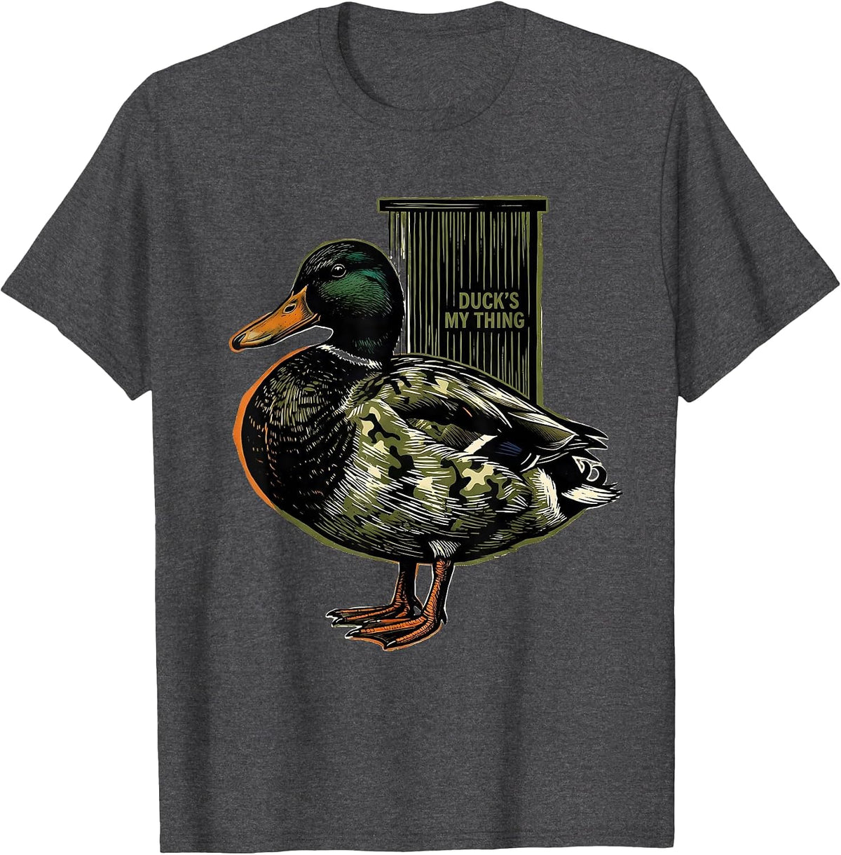 Duck's My Thing Linocut Funny Duck Hunting Camo Gift T-Shirt - Dark Heather Grey
