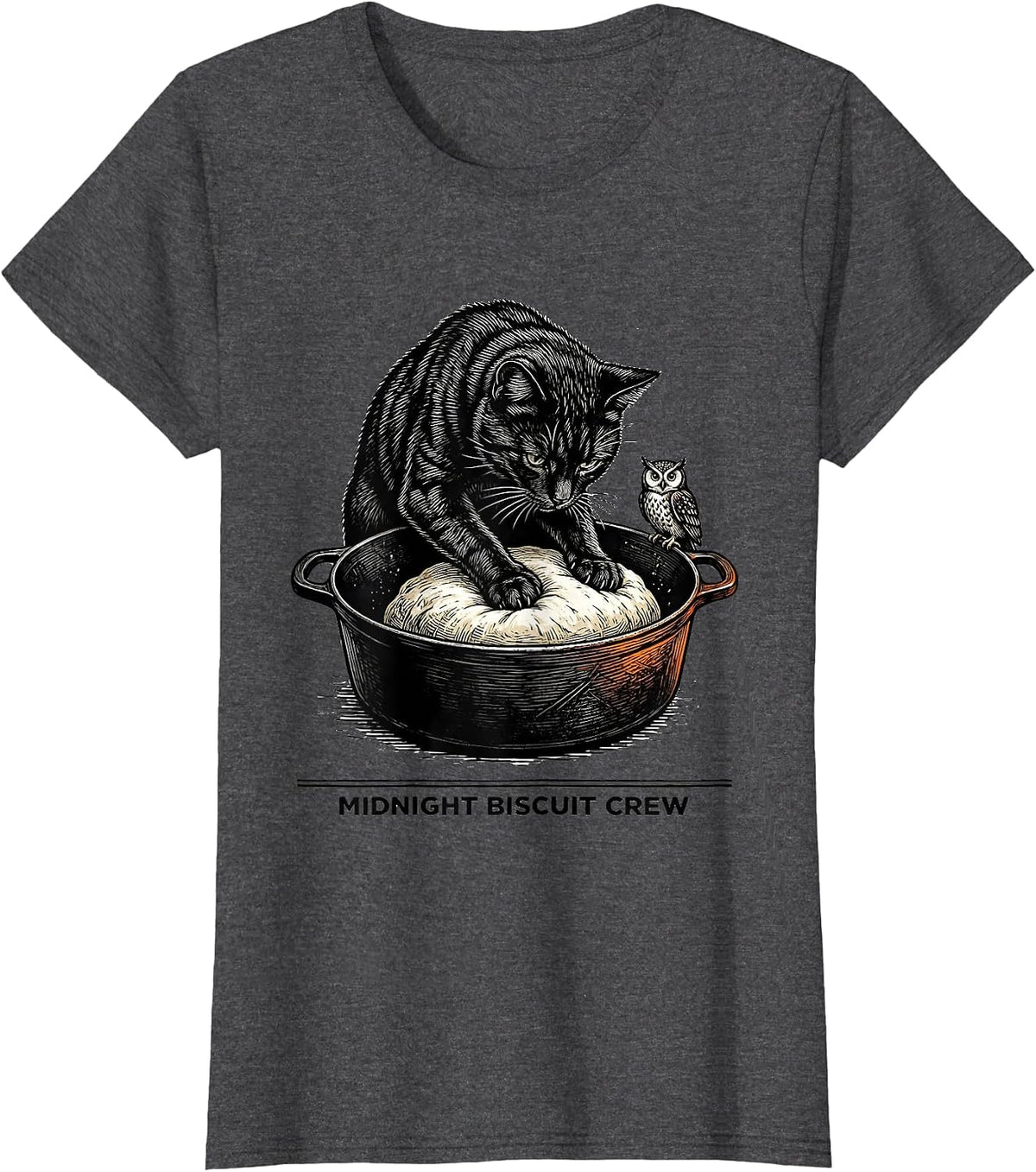 Women's Midnight Biscuit Crew Funny Cat Lover Baking Kitchen Humor T-Shirt - Dark Heather Grey