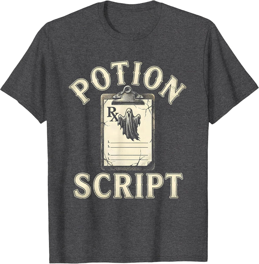 Men's Potionscript Funny Pharmacy Halloween Pharmacist Tech Crew T-Shirt - Dark Heather Grey