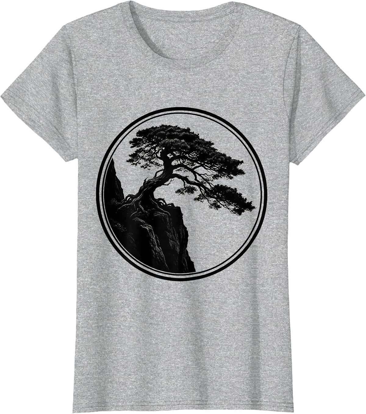 Bonsai Tree Rocky Cliff Japanese Nature Art T-Shirt - Heather Grey