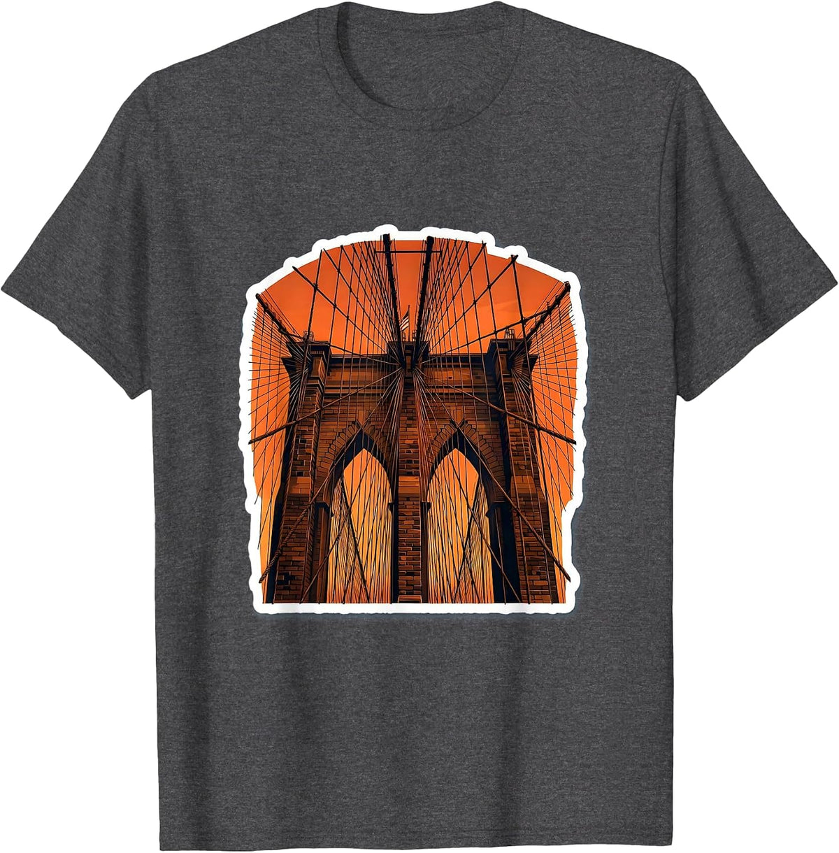 Men's Brooklyn Bridge Sunset Cables New York Art T-Shirt - Dark Heather Grey