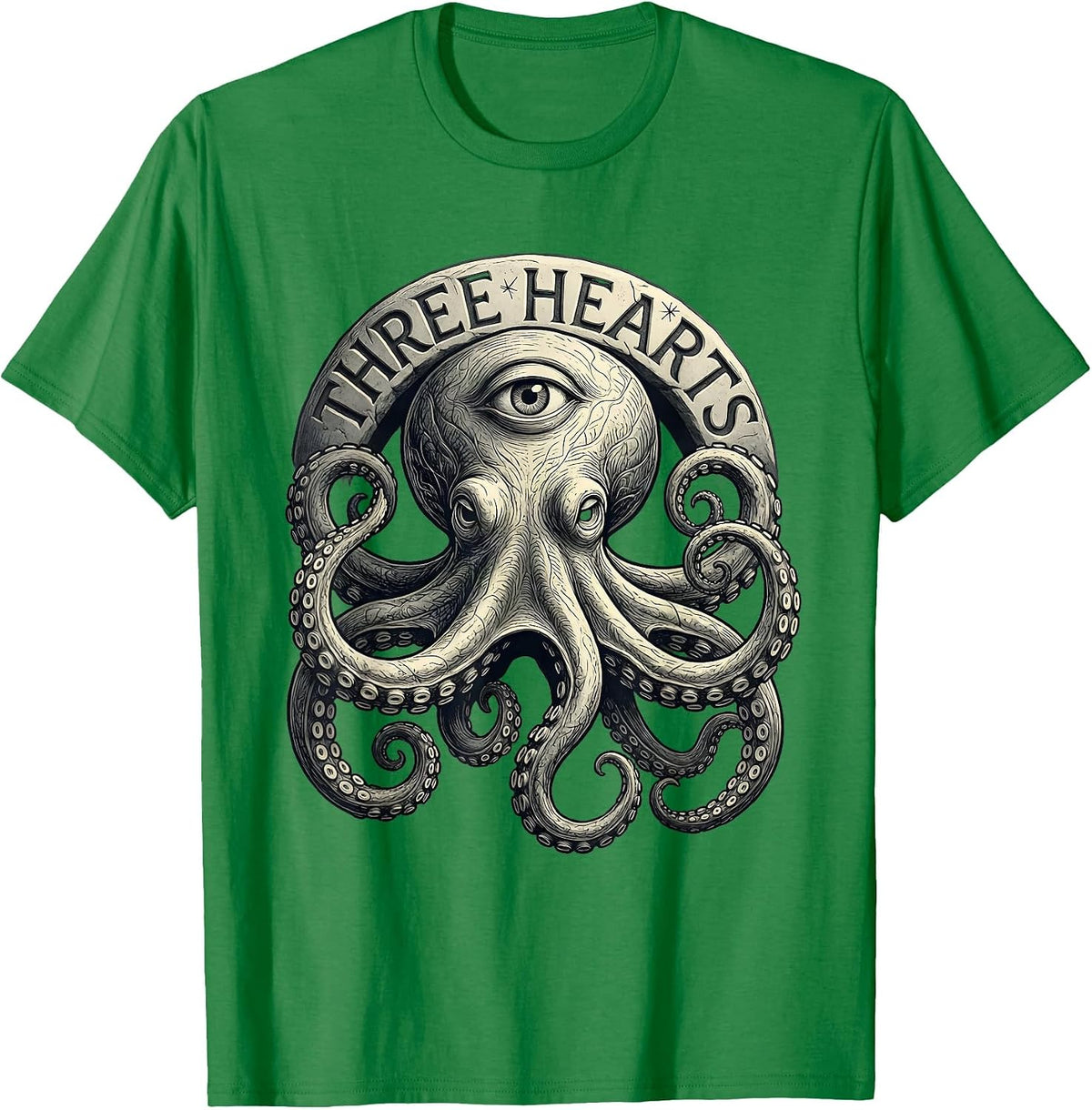 Men's Three Hearts Tactile Monochrome Octopus Lover Ocean Animal T-Shirt - Kelly Green