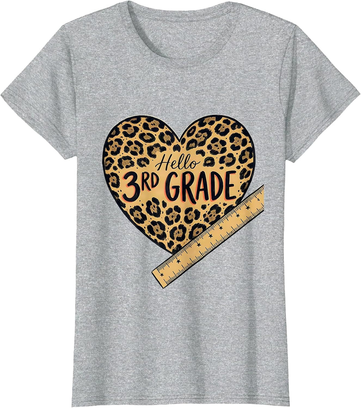 Hello 3rd Grade Leopard Heart Back To School Girls Teachers T-Shirt - Heather Grey