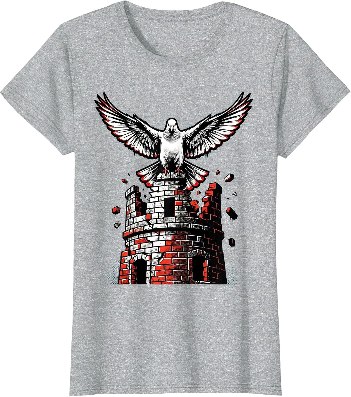 Dove Perched on a Crumbling Tower Illustration T-Shirt - Heather Grey