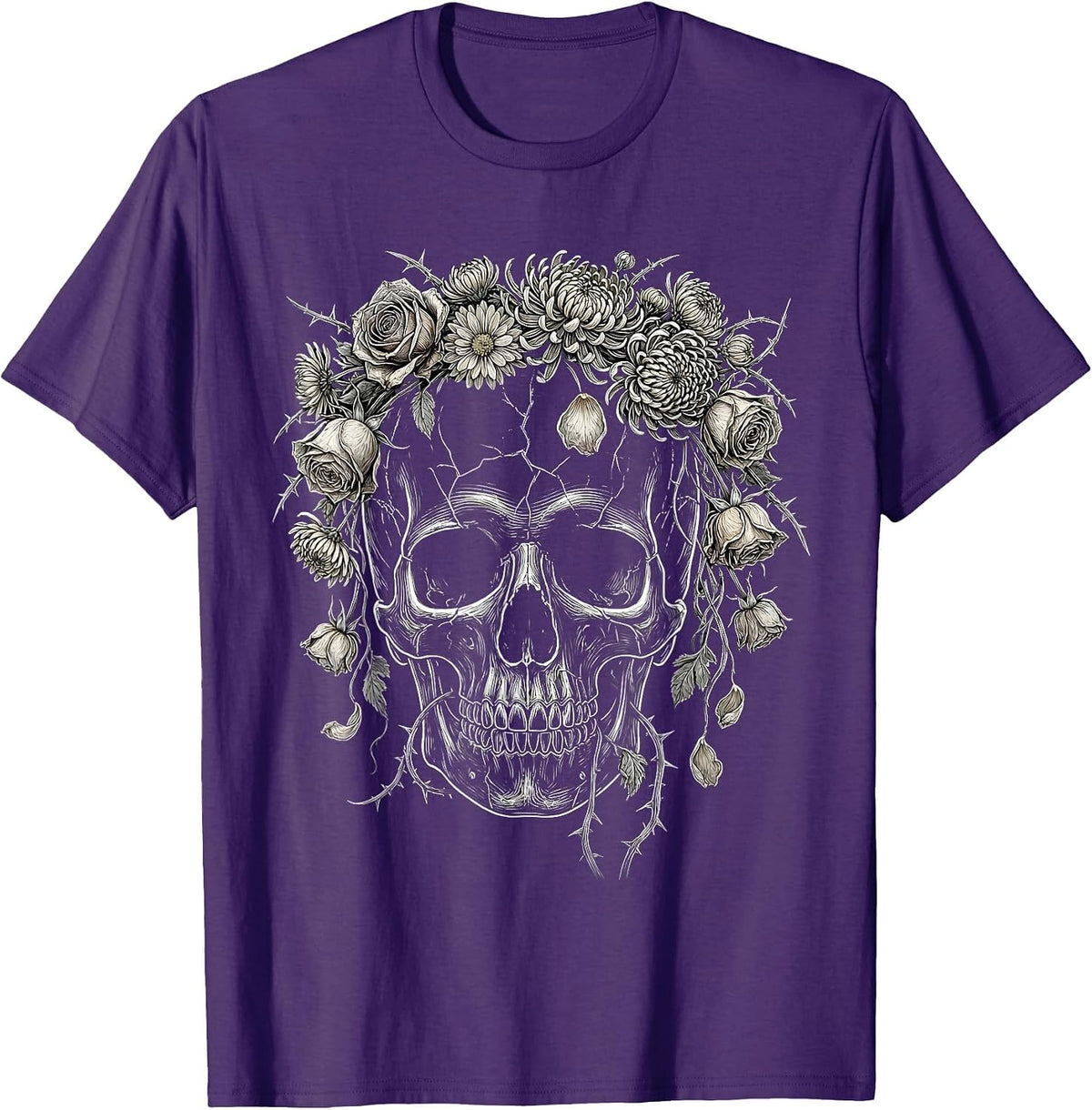Skull Crowned With Dead Flowers Emo Graphic T-Shirt - Purple