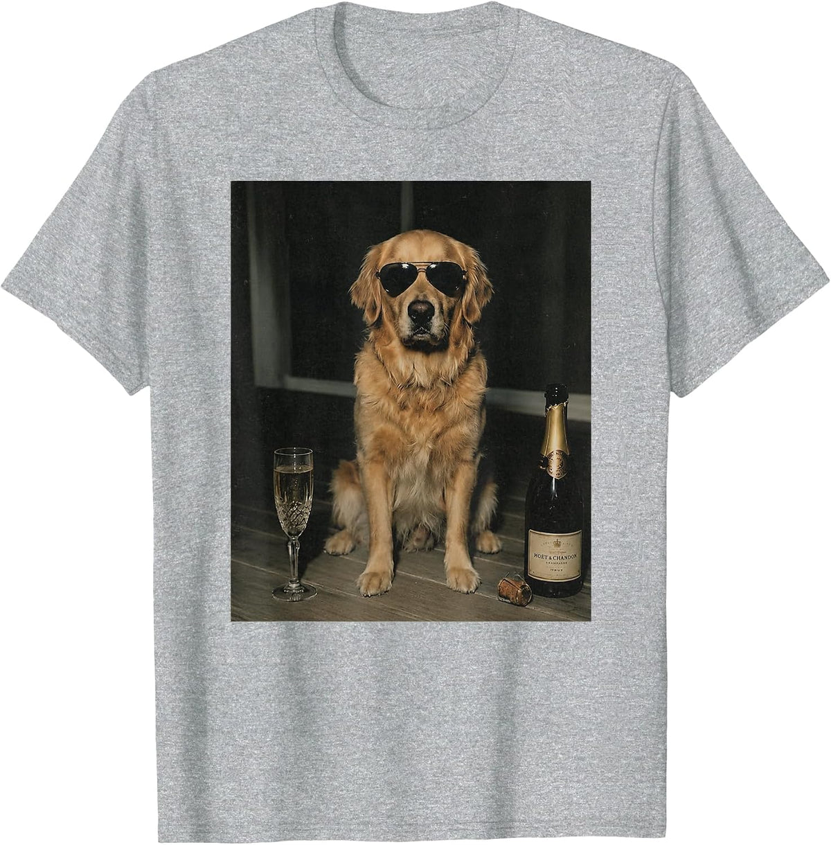 Funny Golden Retriever Drinking Champagne Meme Graphic T-Shirt - Heather Grey