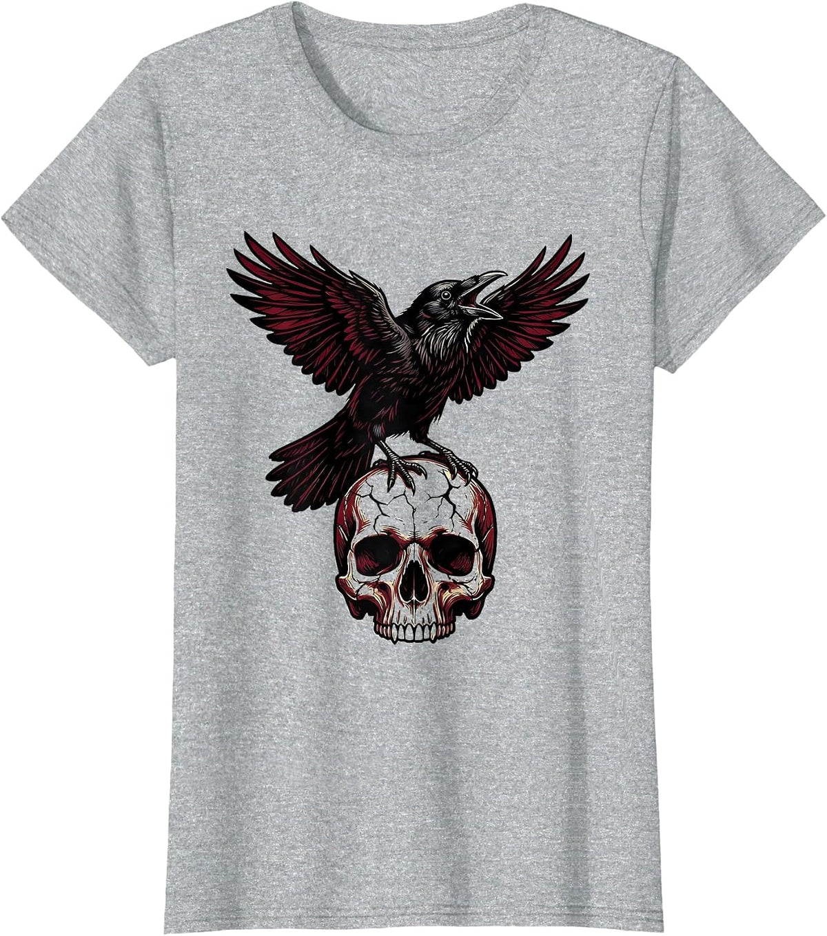 Women's Crow on Cracked Skull Heavy Metal Graphic T-Shirt - Heather Grey