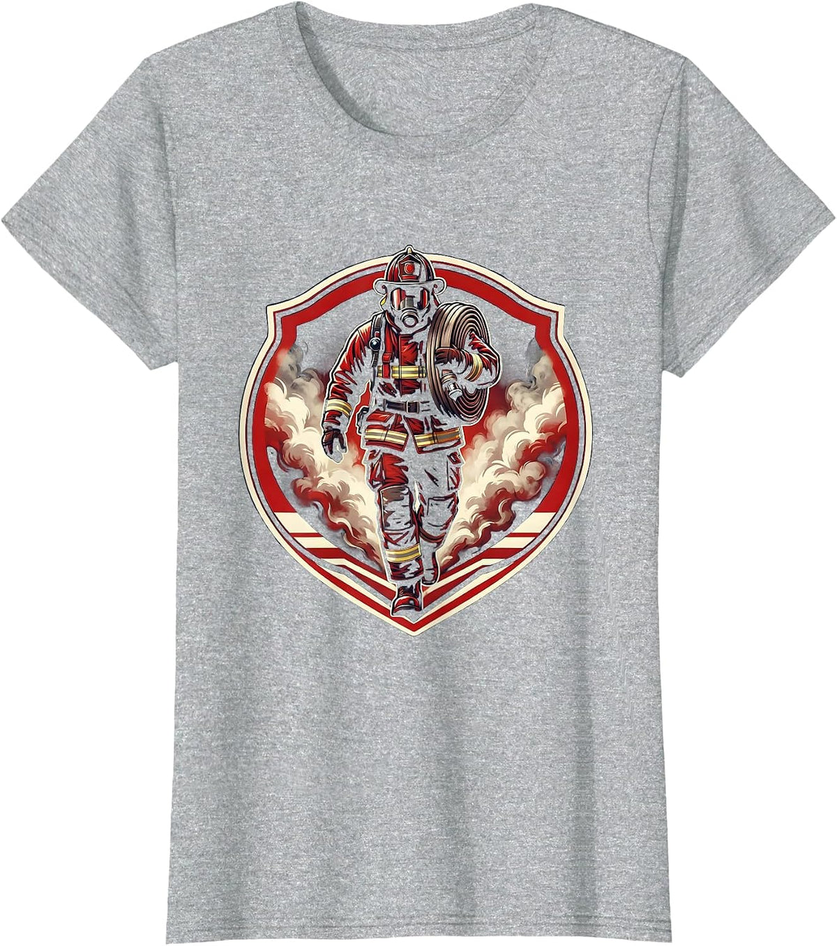 Firefighter Carrying Hose Through Smoke Clouds T-Shirt - Heather Grey