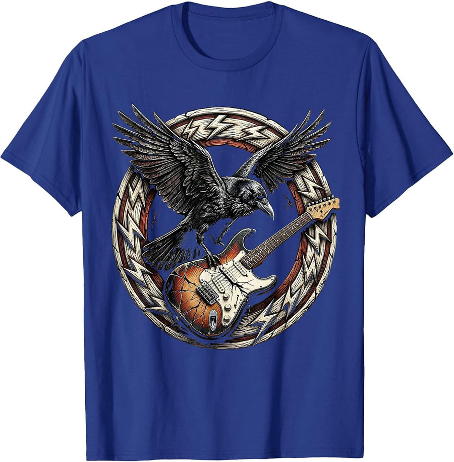 Crow on Cracked Electric Guitar Rock Art T-Shirt - Royal Blue