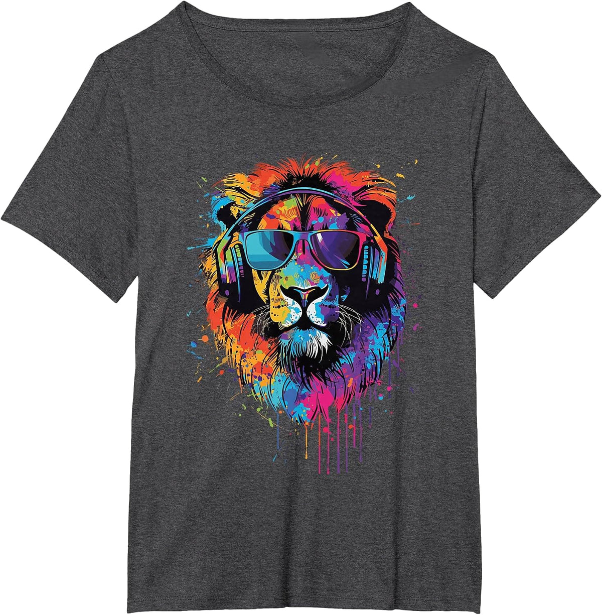 Lion Sunglasses Headphones T-Shirt - Dark Heather Grey