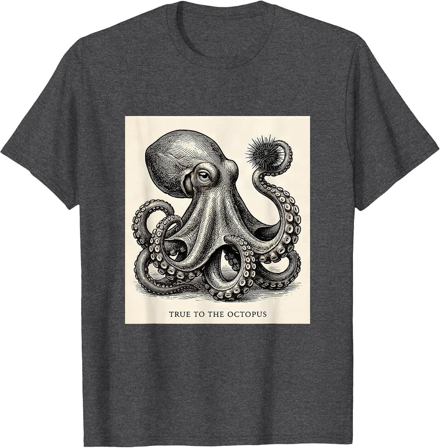 Men's True to the Octopus Vintage Japanese Ocean Animal Lover T-Shirt - Dark Heather Grey