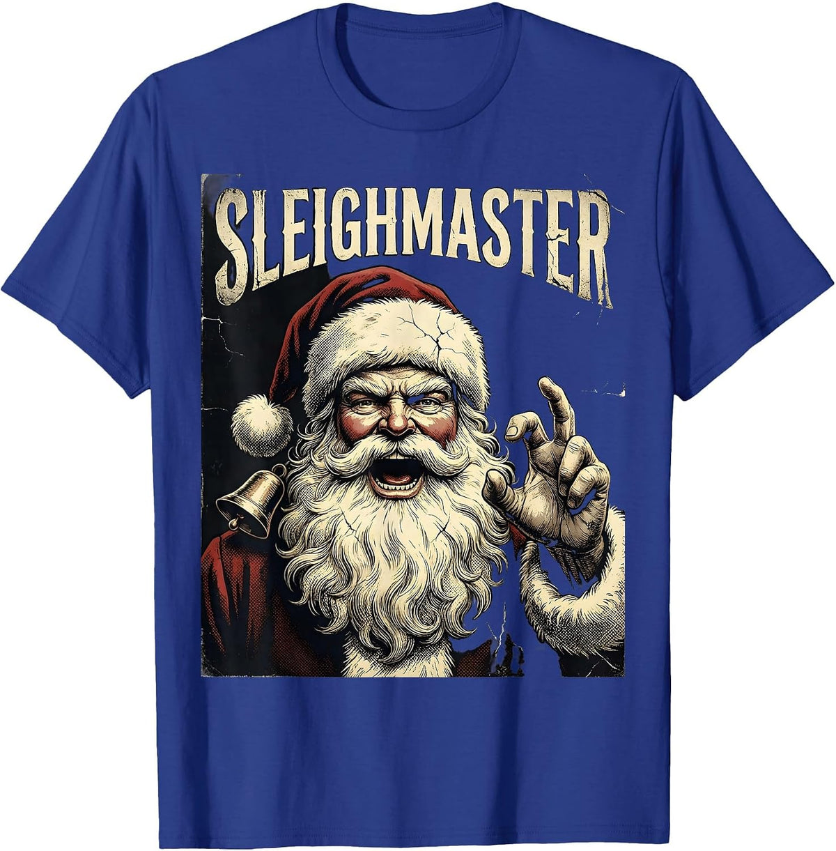 Sleighmaster Distressed Heavy Metal Rock Santa Christmas T-Shirt - Royal Blue
