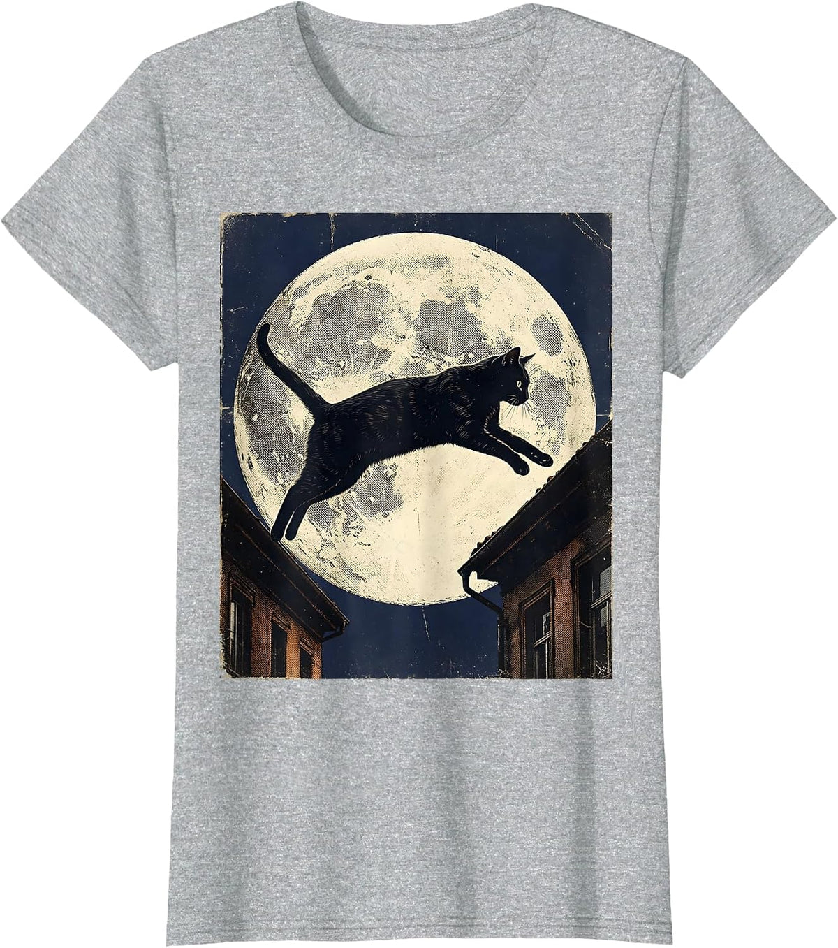 Midnight Rooftop Leap Cat Illustration T-Shirt - Heather Grey