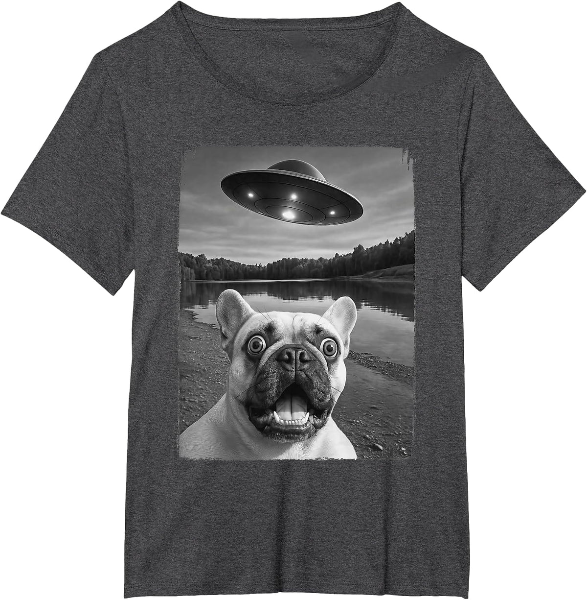 French Dog UFO Selfie Funny Frenchie T-Shirt - Dark Heather Grey