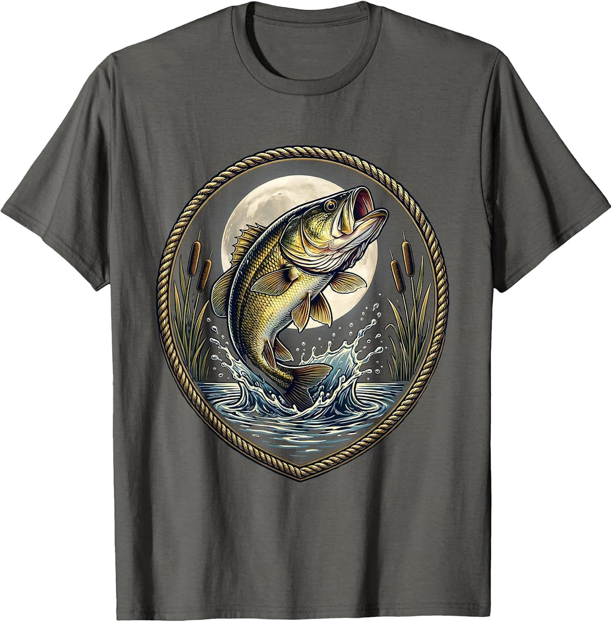 Bass Breaking Surface Full Moon Fishing Graphic T-Shirt - Asphalt Grey