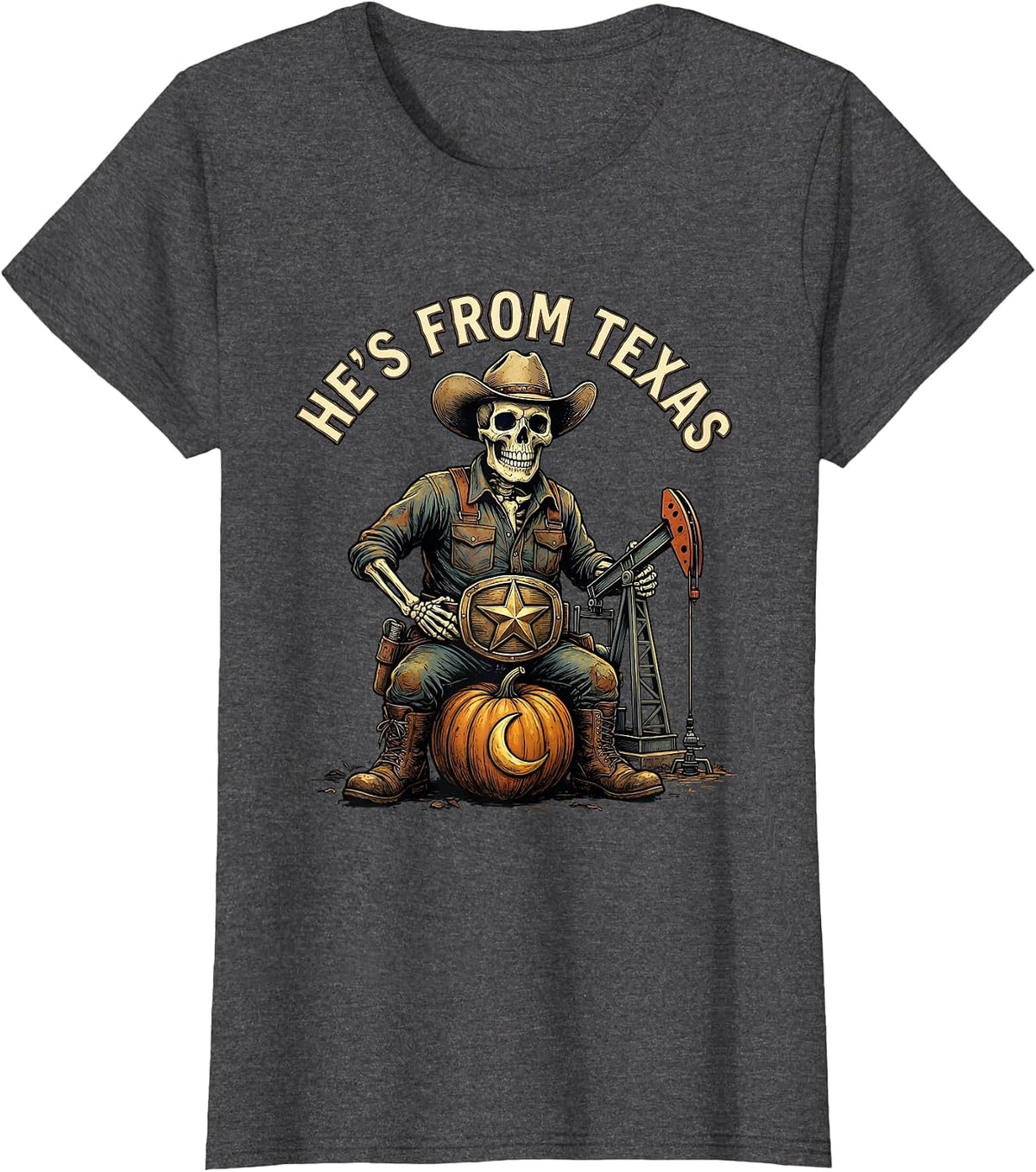 Women's He's From Texas Funny Skeleton Cowboy Halloween Horror T-Shirt - Dark Heather Grey