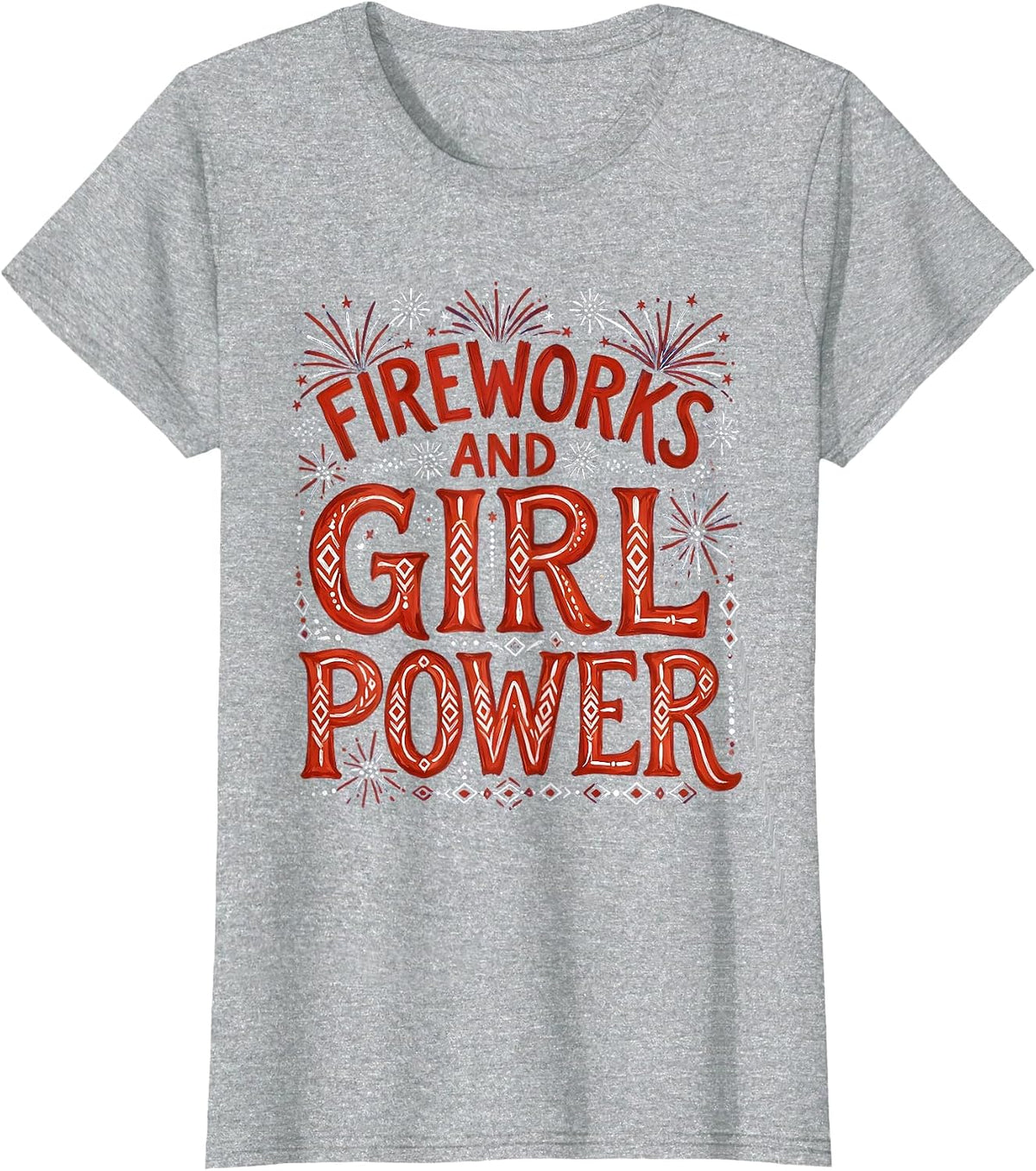 Fireworks and Girl Power Red White and Blue Design T-Shirt - Heather Grey