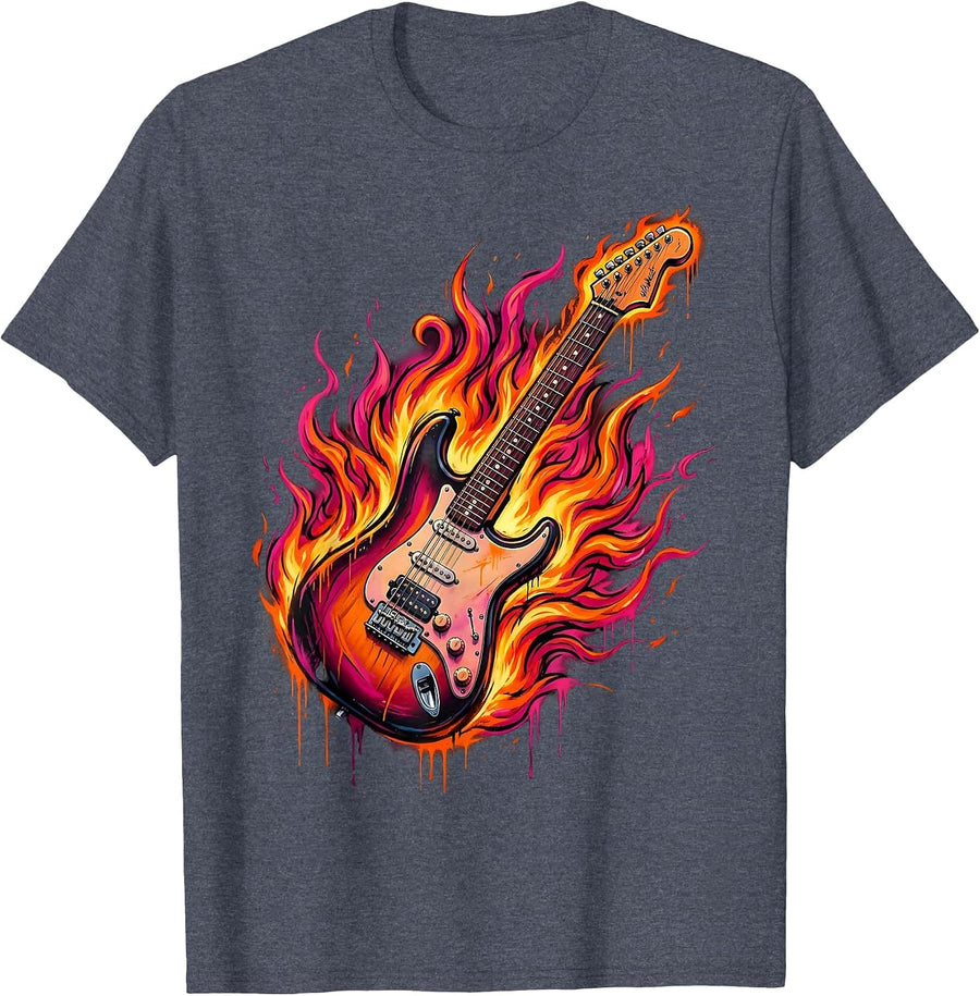 Flaming Electric Guitar Rock Band Graphic T-Shirt - Heather Blue